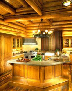 Log cabin kitchen ideas in practice: the Aspen kitchen built by Frontier Log Homes