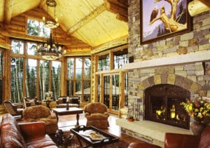 Great room in a luxury log home built by Frontier Log Homes in Montrose, Colorado