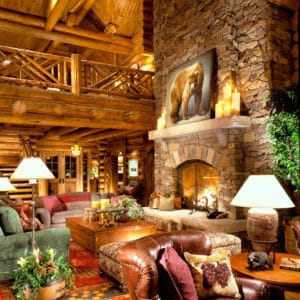 Wood surfaces and daylight in a log home great room
