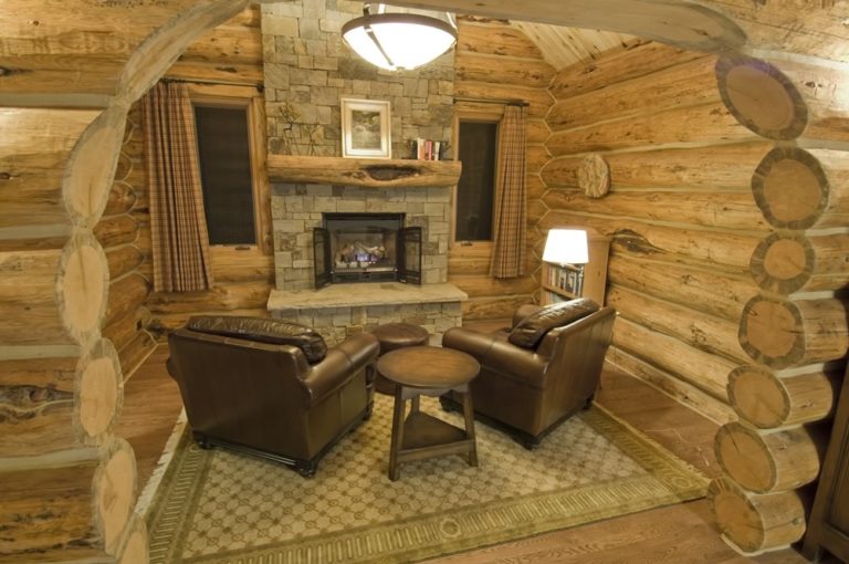 Log chinking between the logs of a Frontier Log Homes interior wall