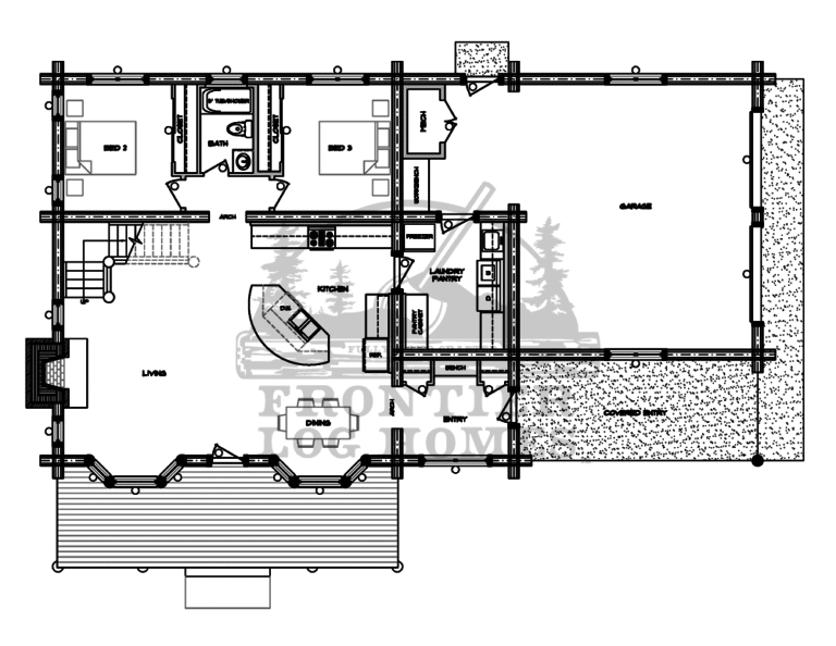 Log cabin plans showing the main level layout of the Cimarron model