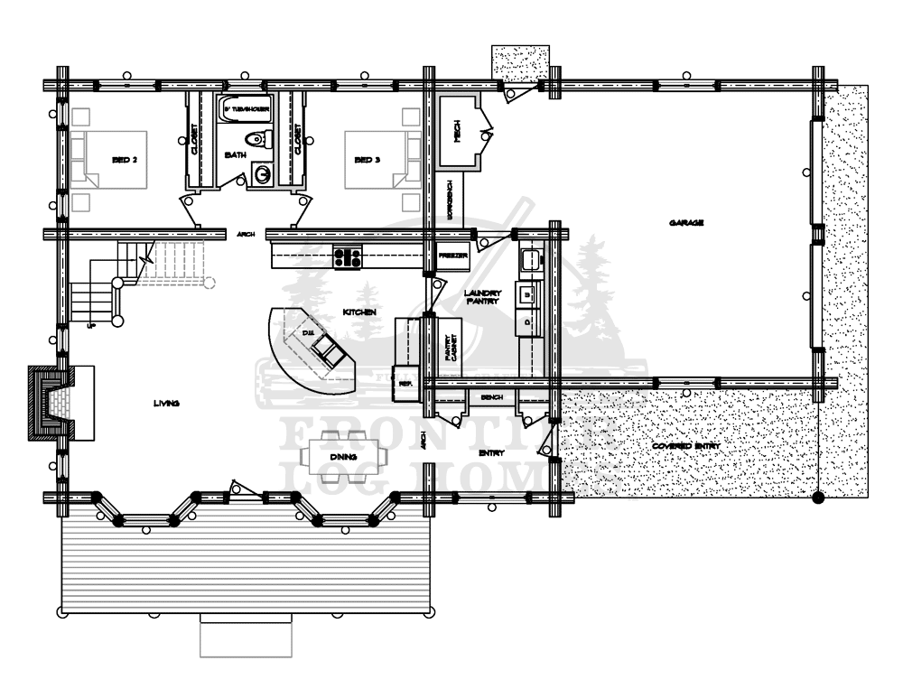 Log cabin plans showing the main level layout of the Cimarron model