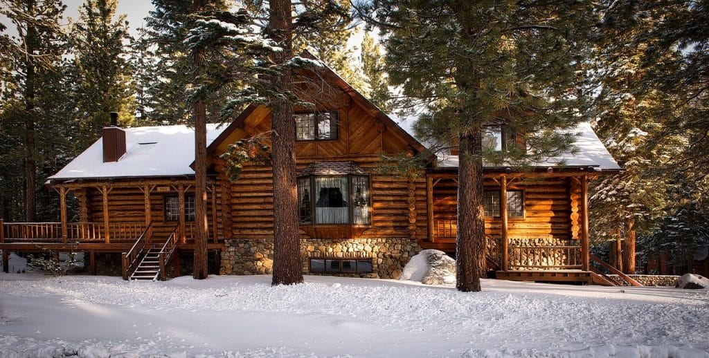 Log Cabin Home surrounded by trees in snowy forest.