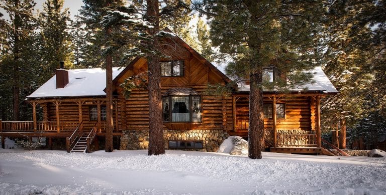 Log Cabin Home surrounded by trees in snowy forest.