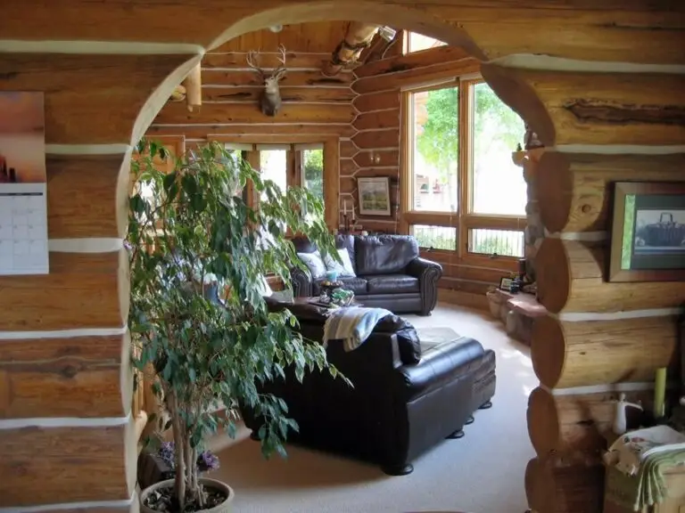 Log home great room and living area with exposed logs — photo 21