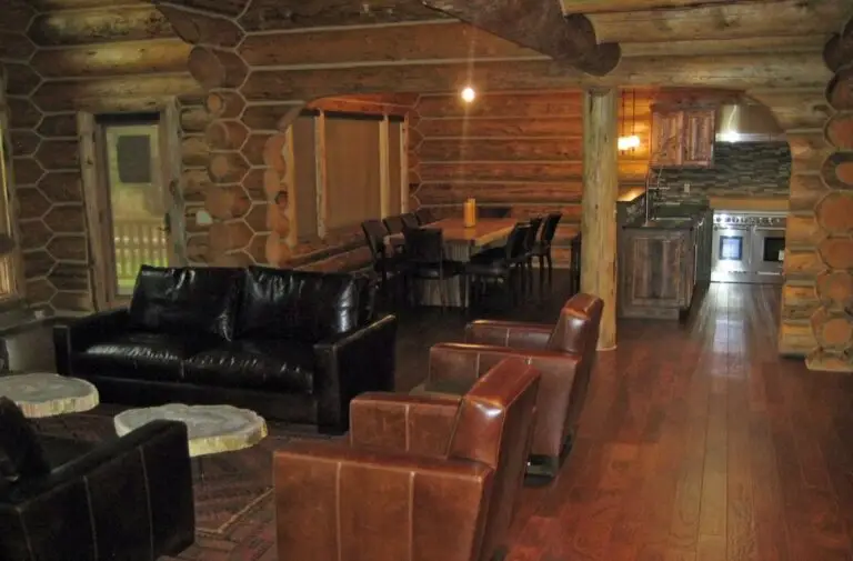 Log home great room and living area with exposed logs — photo 12