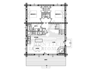 Comparing log home floor plans: the Base Camp main level layout by Frontier Log Homes