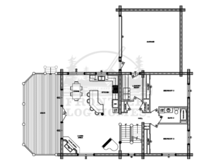 Larger log home floor plans such as the Mountaineer main level by Frontier Log Homes
