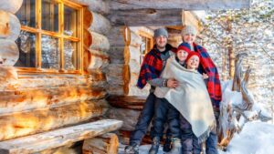Open great room in a log home where log home settling was allowed for at every opening