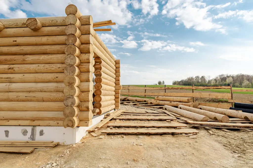 Log home additions under construction on a Colorado mountain site