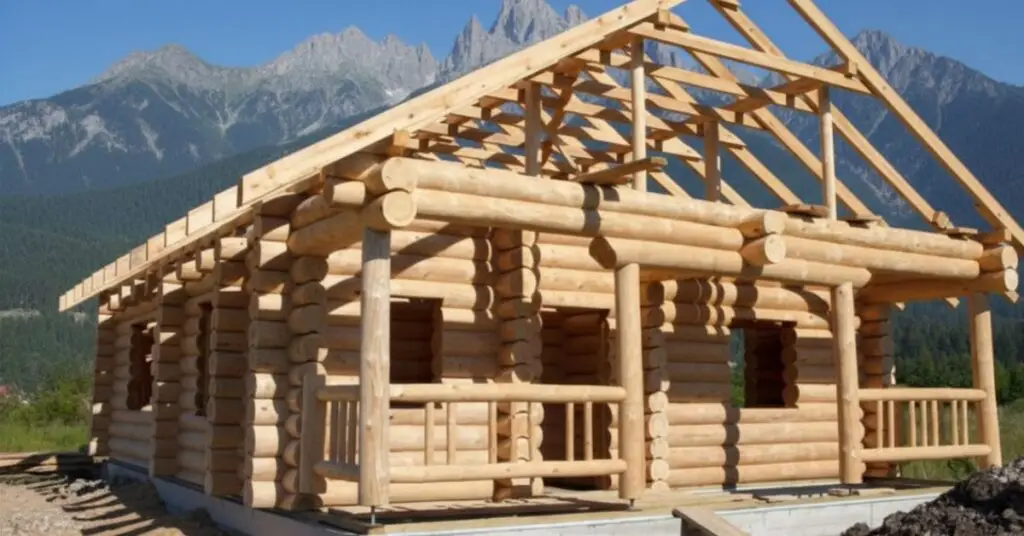 New log home being built from kiln-dried logs on a mountain site